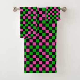 Pink Green And Black Chequered Pattern  Bath Towel Set