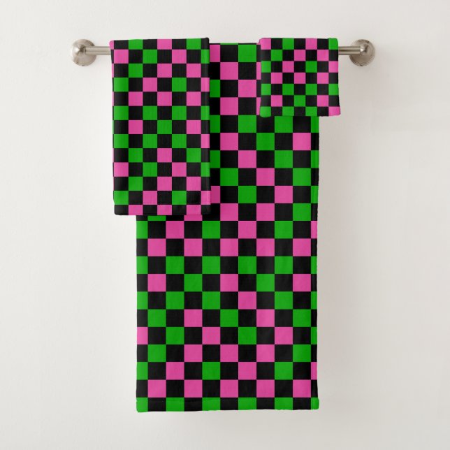 Pink Green And Black Chequered Pattern  Bath Towel Set (Insitu)