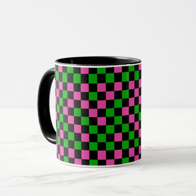 Pink Green And Black Chequered Pattern  Mug (Front Left)