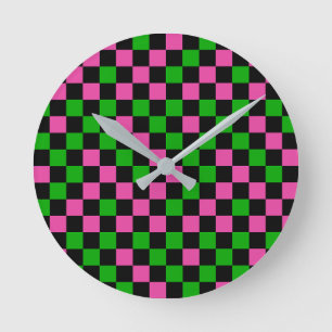 Pink Green And Black Chequered Pattern Round Clock