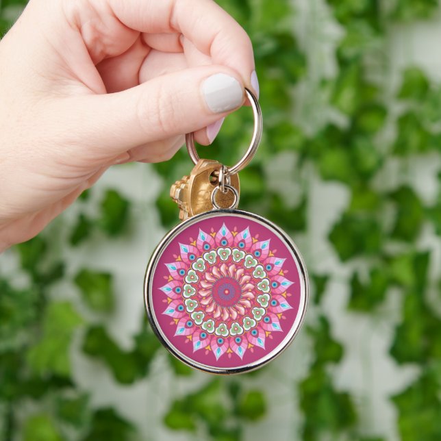 Pink, Green And Blue Flower Mandala Keychain (Hand)