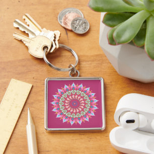 Pink, Green And Blue Flower Mandala Keychain