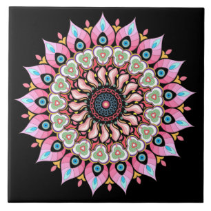 Pink, Green And Blue Mandala Ceramic Tile