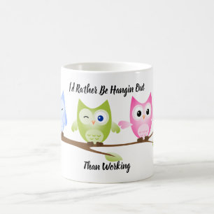 Pink, Green and Blue Owl Hanging Out on a Branch Coffee Mug