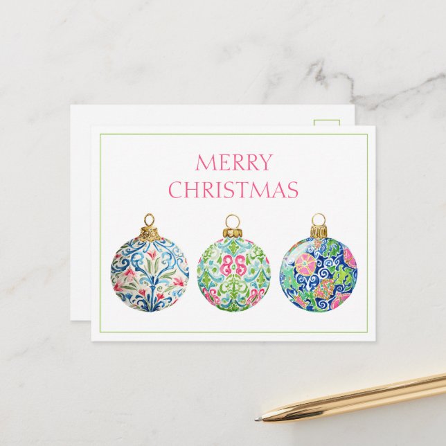 Pink Green and Navy Blue Chinoiserie Christmas Postcard (Front/Back In Situ)
