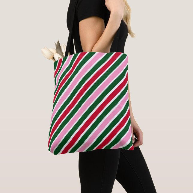  Pink Green and Red Christmas Candy Cane Stripes  Tote Bag (Close Up)