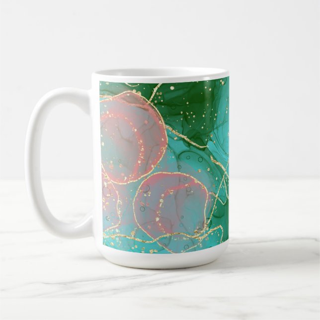 Pink, green, and teal alcohol ink coffee mug (Left)