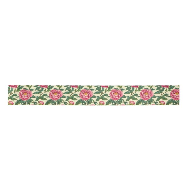 Pink, Green and Yellow Chinoiserie Floral Satin Ribbon (Front)