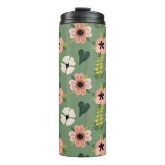 Pink Green and Yellow Flowers Leaves  Thermal Tumbler