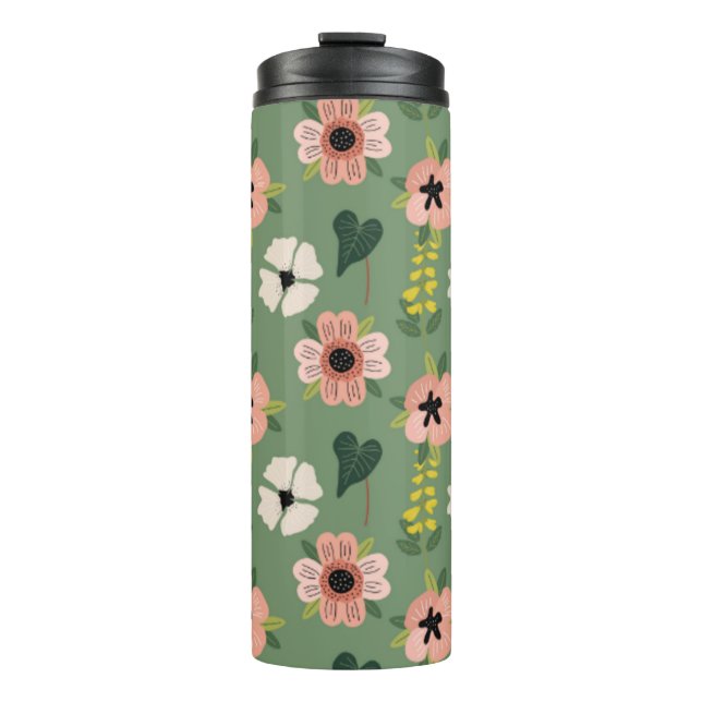 Pink Green and Yellow Flowers Leaves  Thermal Tumbler (Front)