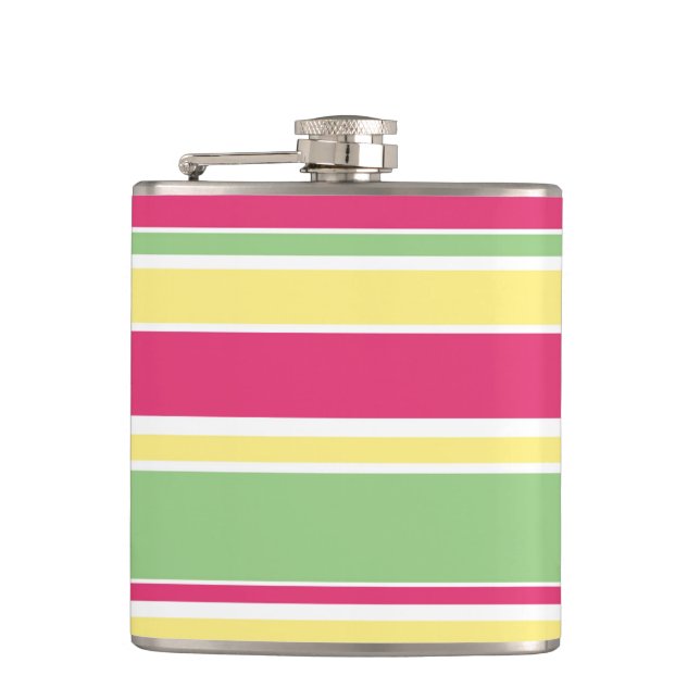 Pink, green and yellow stripes hip flask (Front)