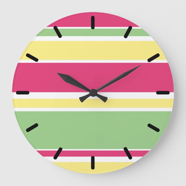Pink, green and yellow stripes large clock (Front)