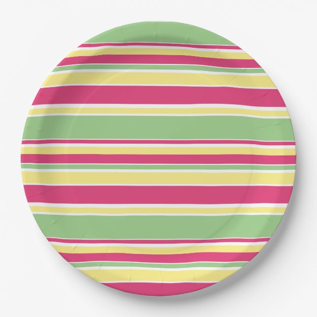 Pink, green and yellow stripes paper plate (Front)