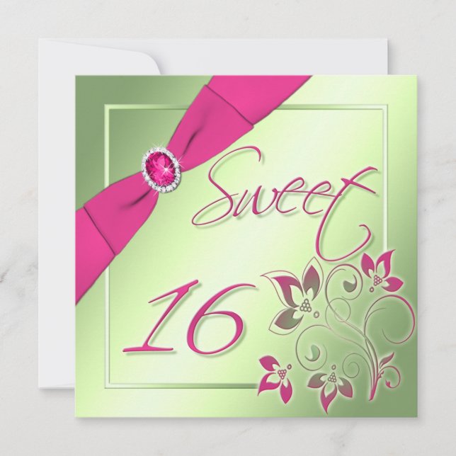 Pink, Green, and Yellow Sweet Sixteen Invitation (Front)