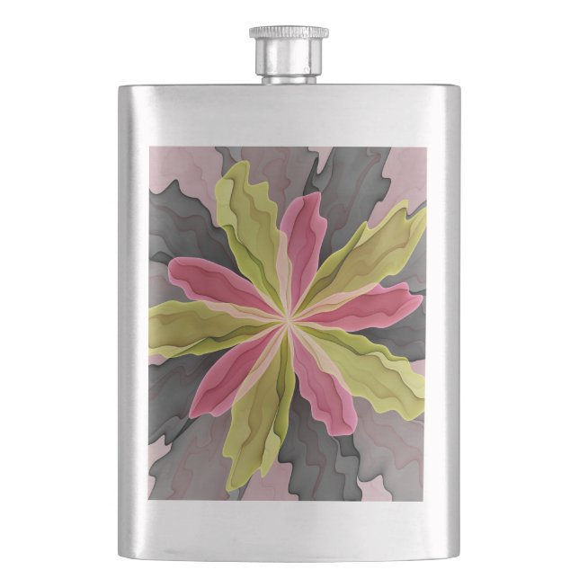 Pink Green Anthracite Fantasy Flower Fractal Art Hip Flask (Front)
