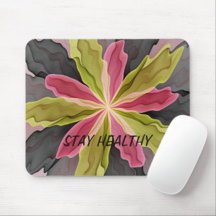 Pink Green Anthracite Fantasy Flower Fractal Text Mouse Pad