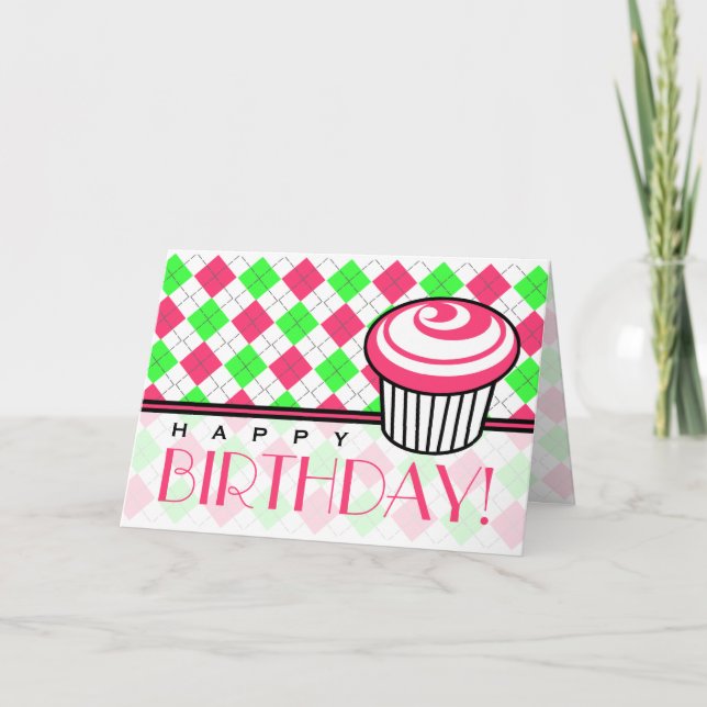 Pink & Green Argyle Birthday Card - Pink Cupcake (Front)