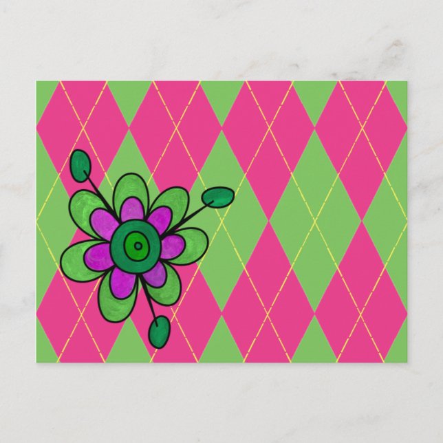 Pink & Green Argyle & Flower Postcard (Front)