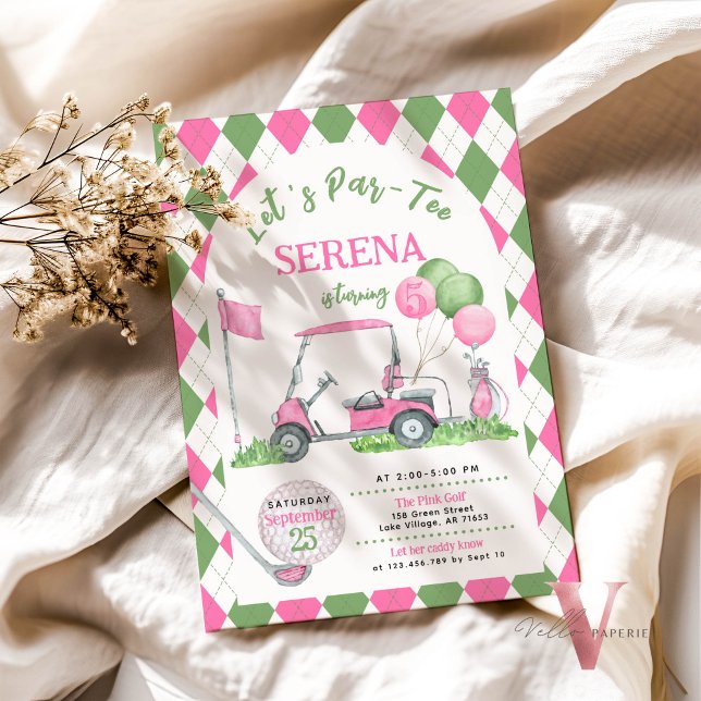 Pink Green Argyle Golf Birthday Par-Tee Invitation (Creator Uploaded)