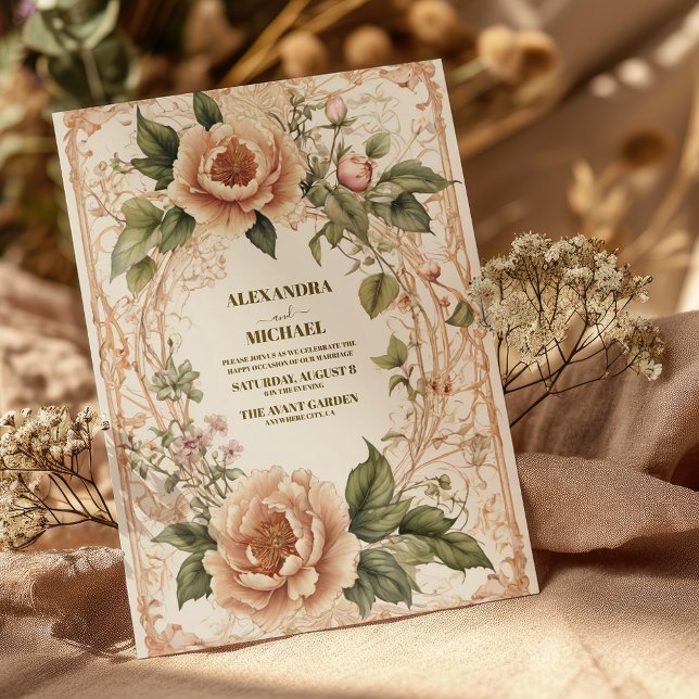 Pink Green Art Nouveau Floral Wedding Invitation (Creator Uploaded)