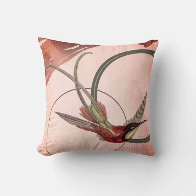 Pink & Green Artistic Hummingbird Design Cushion (Front)