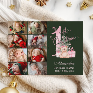 Pink Green Baby First Christmas 8 Photo   Holiday Card