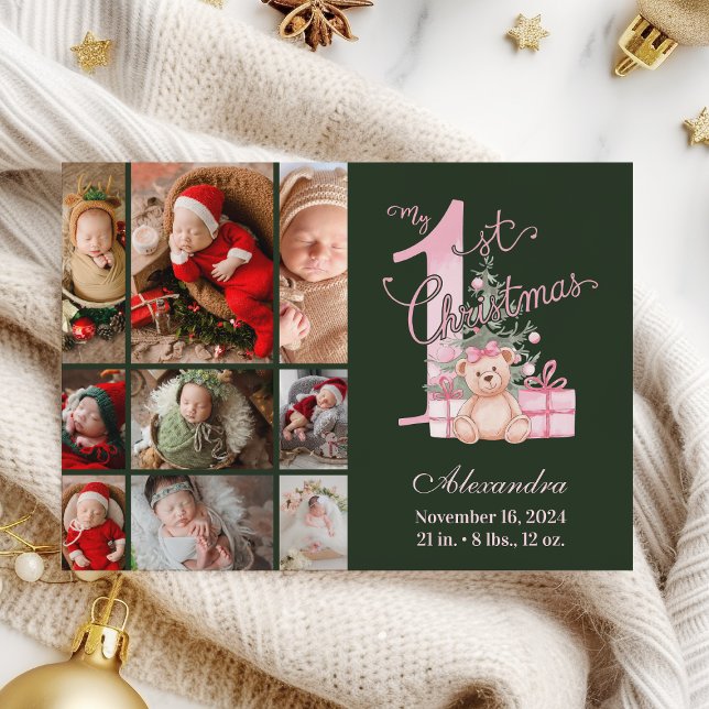 Pink Green Baby First Christmas 9 Photo   Holiday Card (Creator Uploaded)
