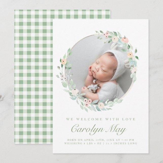 Pink Green Baby Photo Birth Announcement Cards (Front/Back)