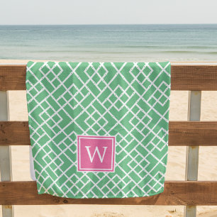 Pink & Green Bamboo Lattice Pattern Monogram Beach Towel