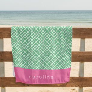 Pink & Green Bamboo Lattice Pattern Personalised Beach Towel