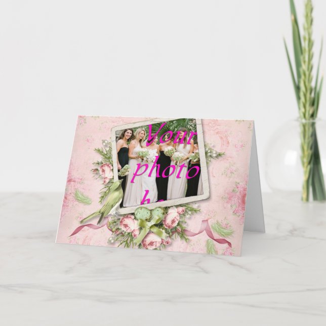 Pink Green Bird Roses Ribbon Greeting Card (Front)