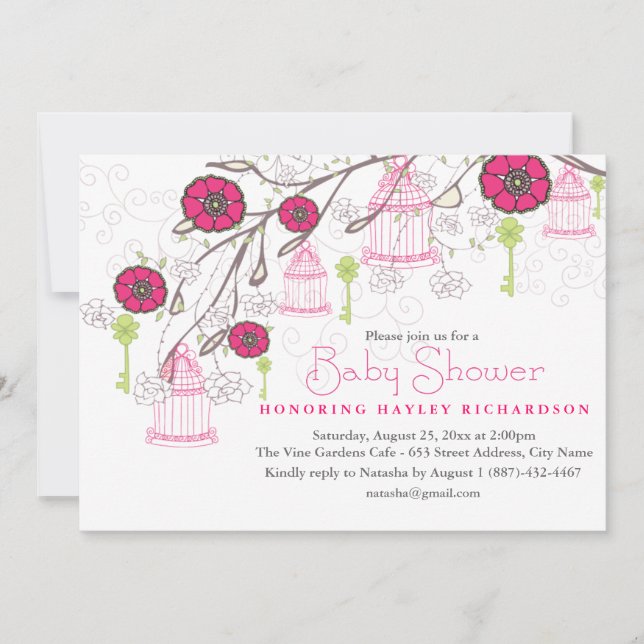 Pink & Green Birdcage Baby Shower Invitation (Front)