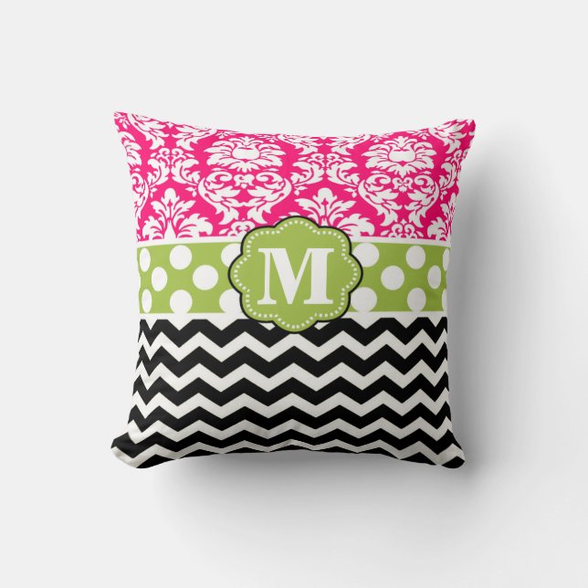 Pink Green Black Damask Chevron Monogram Pillow (Front)