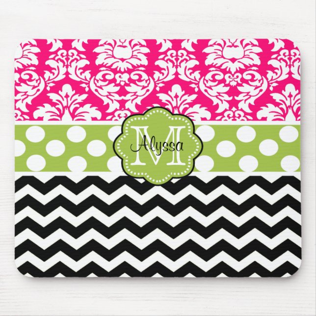 Pink Green Black Dots Damask Personalised Mousepad (Front)