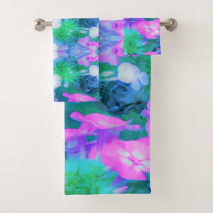 Pink, Green, Blue and White Garden Phlox Flowers Bath Towel Set