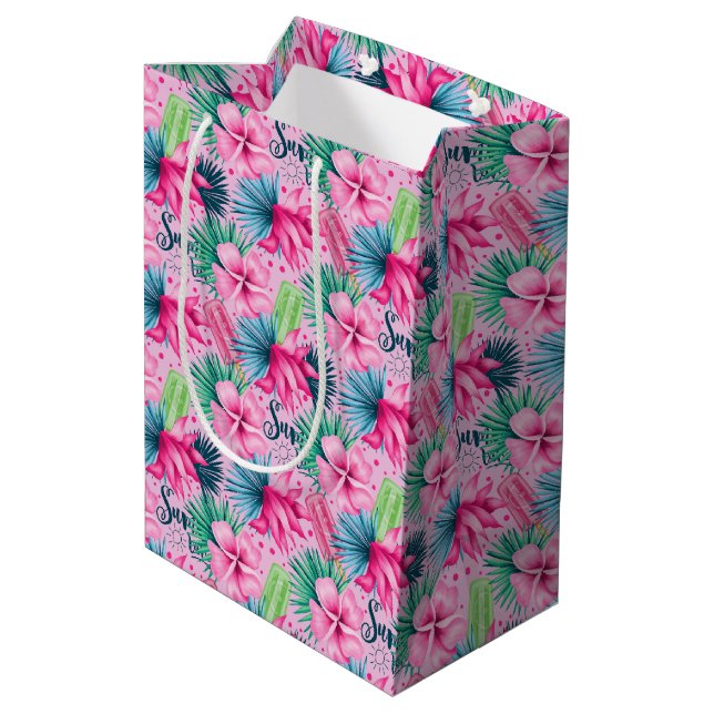  Pink Green Blue Floral Bright Tropical Birthday Medium Gift Bag (Back Angled)