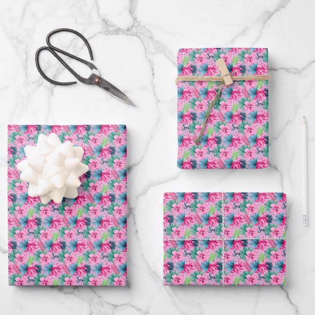  Pink Green Blue Flowers Birthday Bridal Shower Wrapping Paper Sheet (Front)
