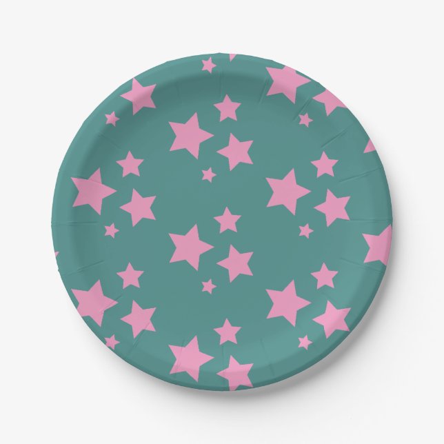 Pink Green Blue Teal Stars Kids Baby Circus Party Paper Plate (Front)