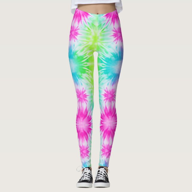 Pink Green Blue Tie Dye Leggings (Front)