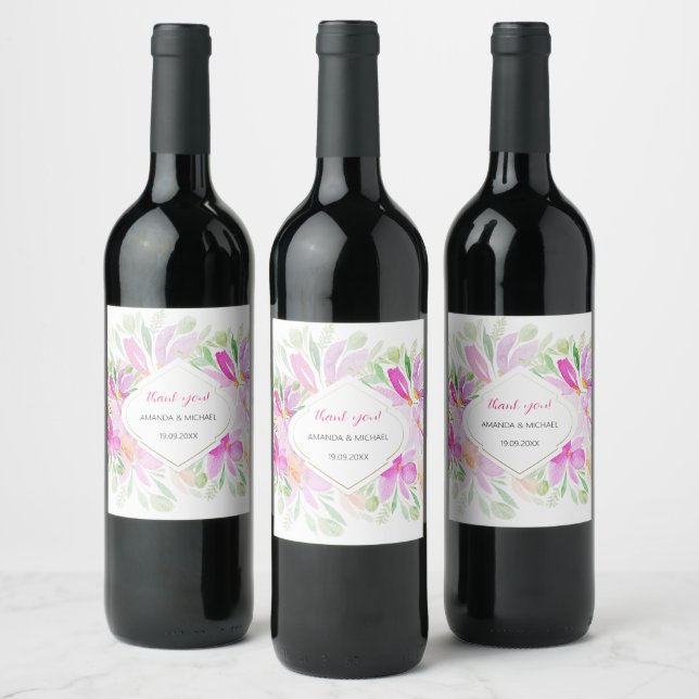 Pink Green Bohemian Floral Wine Label (Bottles)