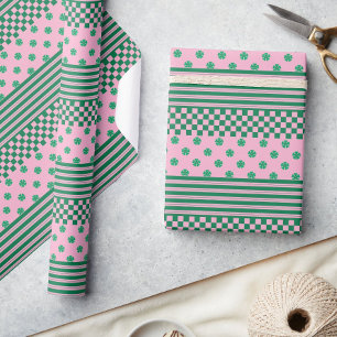 Pink Green Boho Check Floral Stripes Pattern Wrapping Paper