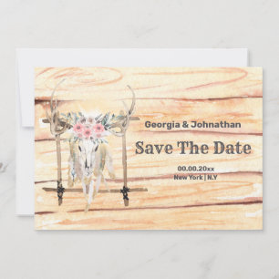 Pink green Boho stag antlers tribal feathers Save The Date