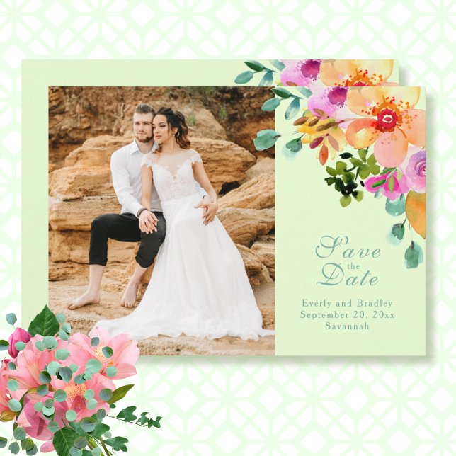 Pink Green Bold Floral QR Code Save the Date  Invitation (Creator Uploaded)