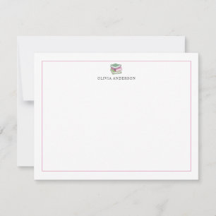 Pink Green Books Border Personalized Stationery Card