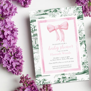 Pink & Green Bow Chinoiserie with backside editing Invitation