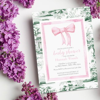 Pink & Green Bow Chinoiserie with backside editing Invitation