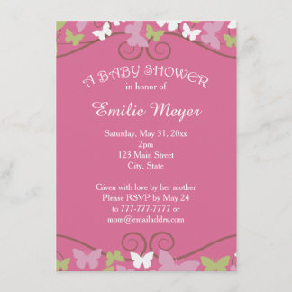 Pink Green Butterflies Baby Shower Invitation