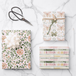 Pink Green Butterflies Flowers Stripes Birthday Wrapping Paper Sheet