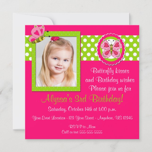 Pink Green Butterfly Birthday Invitation (Front)