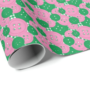 Pink & Green Buttons Gingham - Craft & Sewing Room Wrapping Paper